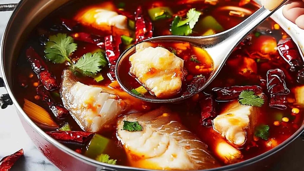 Sichuan Spicy Fish 19 Bowl of Sichuan Spicy Fish with red chili oil drizzle, spring onions, and blanched snow peas in spicy doubanjiang broth