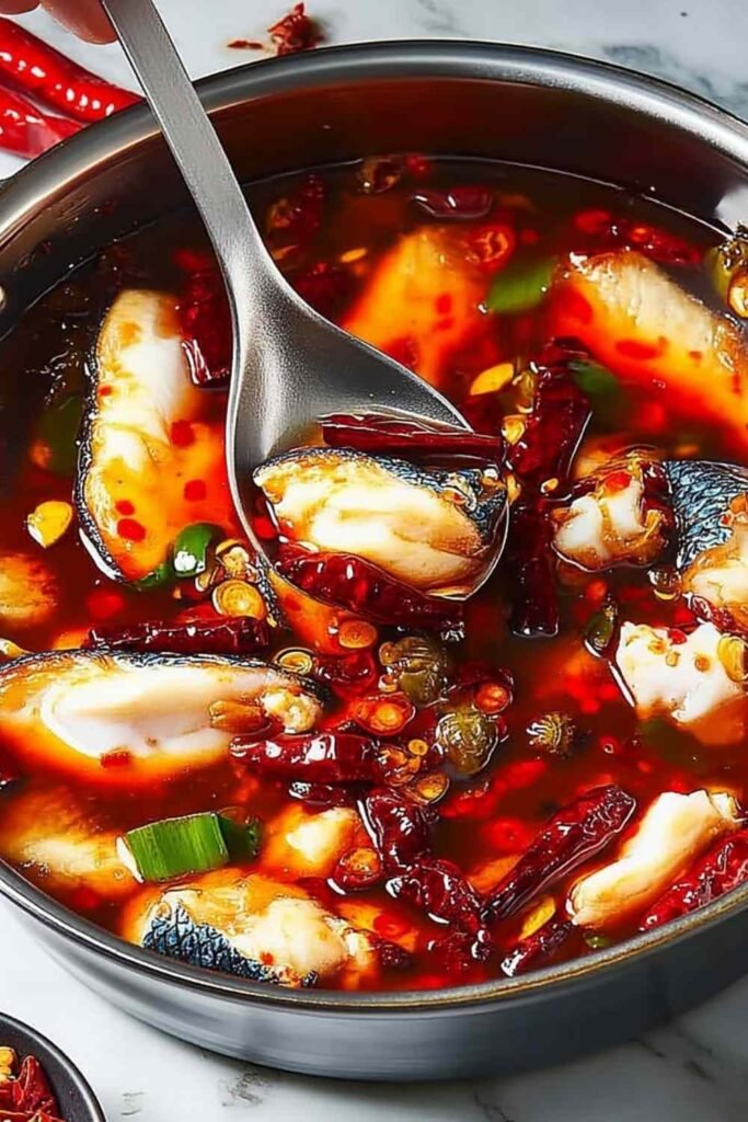Sichuan Spicy Fish 20 Bowl of Sichuan Spicy Fish with red chili oil drizzle, spring onions, and blanched snow peas in spicy doubanjiang broth