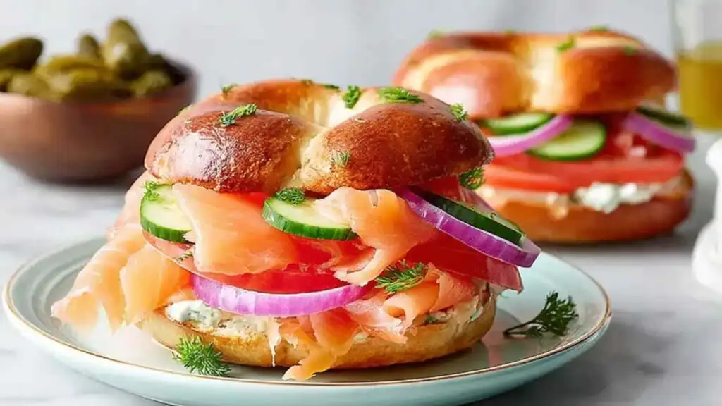 Smoked Salmon Bagel 13 Classic smoked salmon bagel recipe with cream cheese, capers, fresh dill, and vegetables on a wooden board