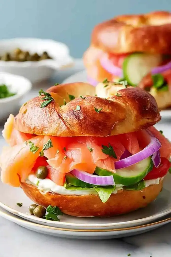 Smoked Salmon Bagel 14 Classic smoked salmon bagel recipe with cream cheese, capers, fresh dill, and vegetables on a wooden board