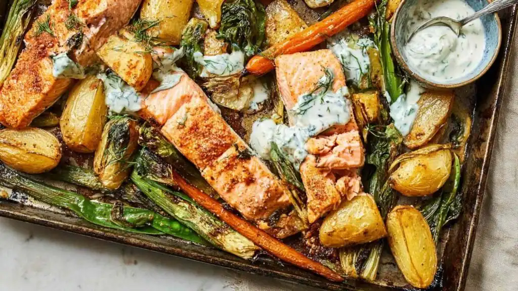 Overhead view of salmon and asparagus spring traybake with spiced mayo glaze, baby new potatoes, and fresh coriander on a baking tray