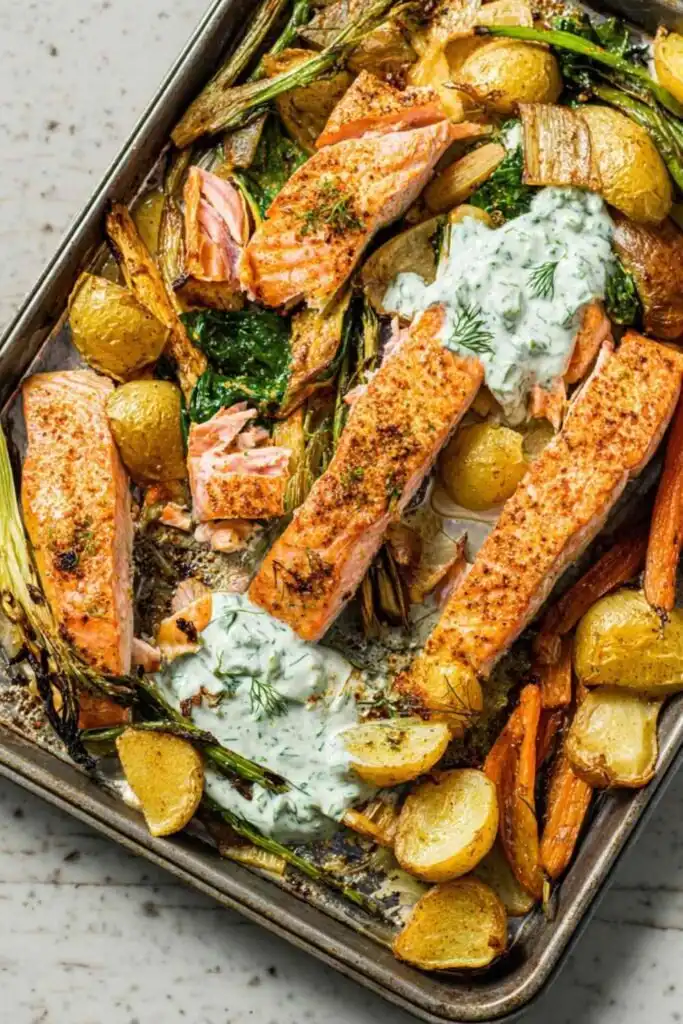 Overhead view of salmon and asparagus spring traybake with spiced mayo glaze, baby new potatoes, and fresh coriander on a baking tray