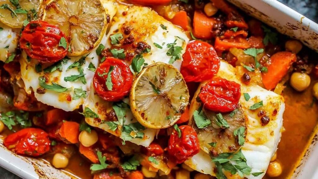 Spicy Moroccan Baked Fish 7 Spicy Moroccan baked fish with cod fillets, jammy cherry tomatoes, chickpeas, and harissa sauce in a white baking dish garnished with fresh parsley
