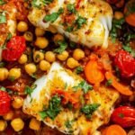 Spicy Moroccan Baked Fish 9 Spicy Moroccan baked fish with cod fillets, jammy cherry tomatoes, chickpeas, and harissa sauce in a white baking dish garnished with fresh parsley