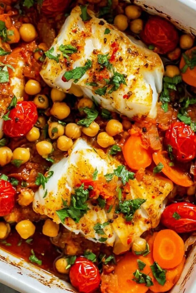 Spicy Moroccan Baked Fish 8 Spicy Moroccan baked fish with cod fillets, jammy cherry tomatoes, chickpeas, and harissa sauce in a white baking dish garnished with fresh parsley