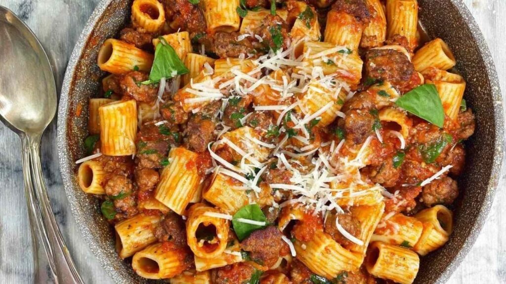 Spicy sausage pasta with rigatoni in a rich crushed tomato sauce with mushrooms and red bell pepper