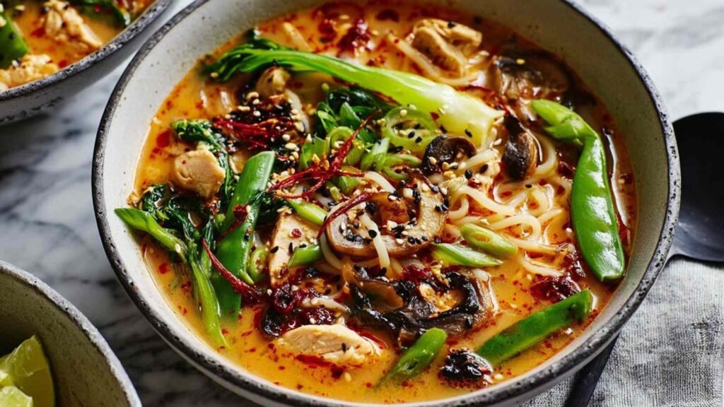 Overhead view of tahini gochujang noodle broth with turkey in a white bowl, topped with black sesame seeds, chili oil, spring onions, and lime wedge