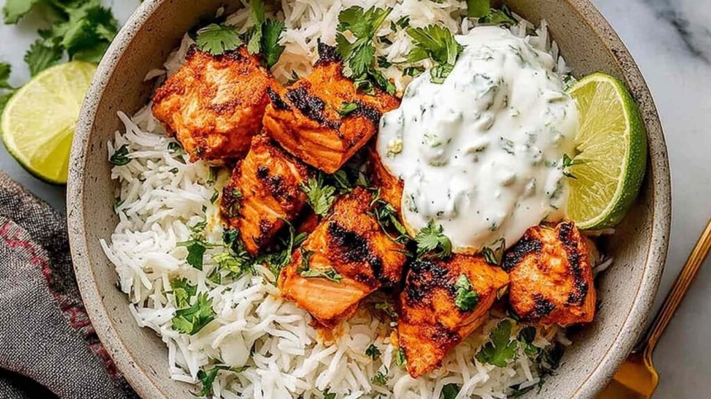 Tandoori Salmon Rice Bowls 19 Tandoori salmon rice bowl with fluffy basmati rice, sauteed vegetables, fresh cilantro, and lime wedges in a white bowl