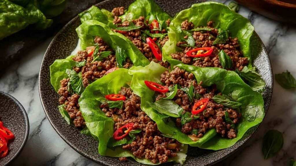 Overhead view of Thai Basil Beef Lettuce Cups on a wooden board with fresh basil and lime wedges
