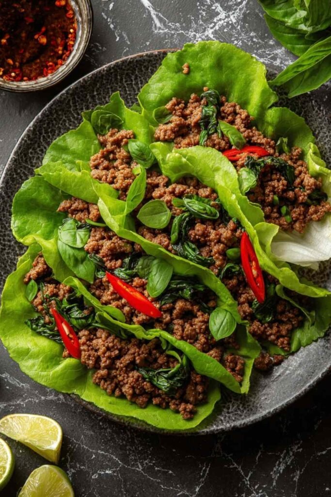 Overhead view of Thai Basil Beef Lettuce Cups on a wooden board with fresh basil and lime wedges