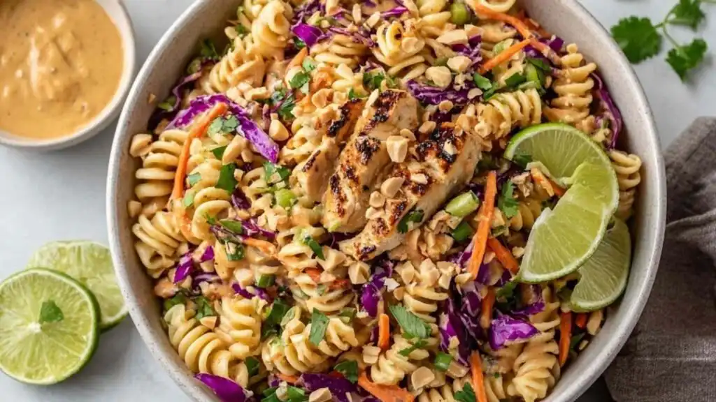 Thai Peanut Crunch Protein Pasta Salad 7 Thai Peanut Crunch Protein Pasta Salad in a wide shallow bowl topped with crushed peanuts, cilantro, and a lime wedge