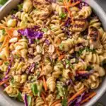 Thai Peanut Crunch Protein Pasta Salad 9 Thai Peanut Crunch Protein Pasta Salad in a wide shallow bowl topped with crushed peanuts, cilantro, and a lime wedge