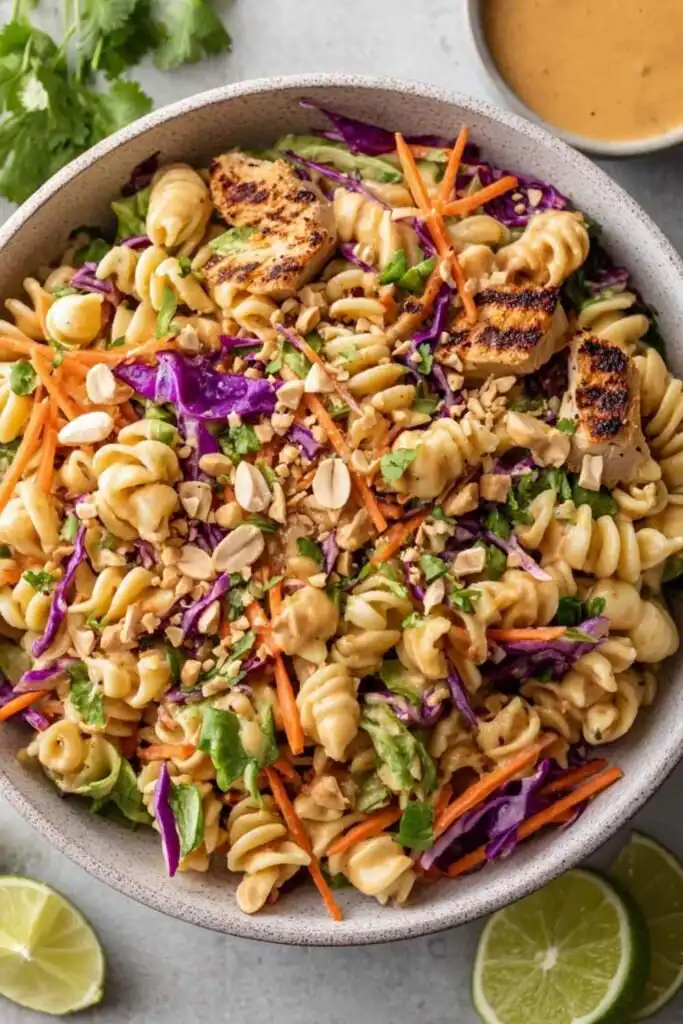 Thai Peanut Crunch Protein Pasta Salad 8 Thai Peanut Crunch Protein Pasta Salad in a wide shallow bowl topped with crushed peanuts, cilantro, and a lime wedge