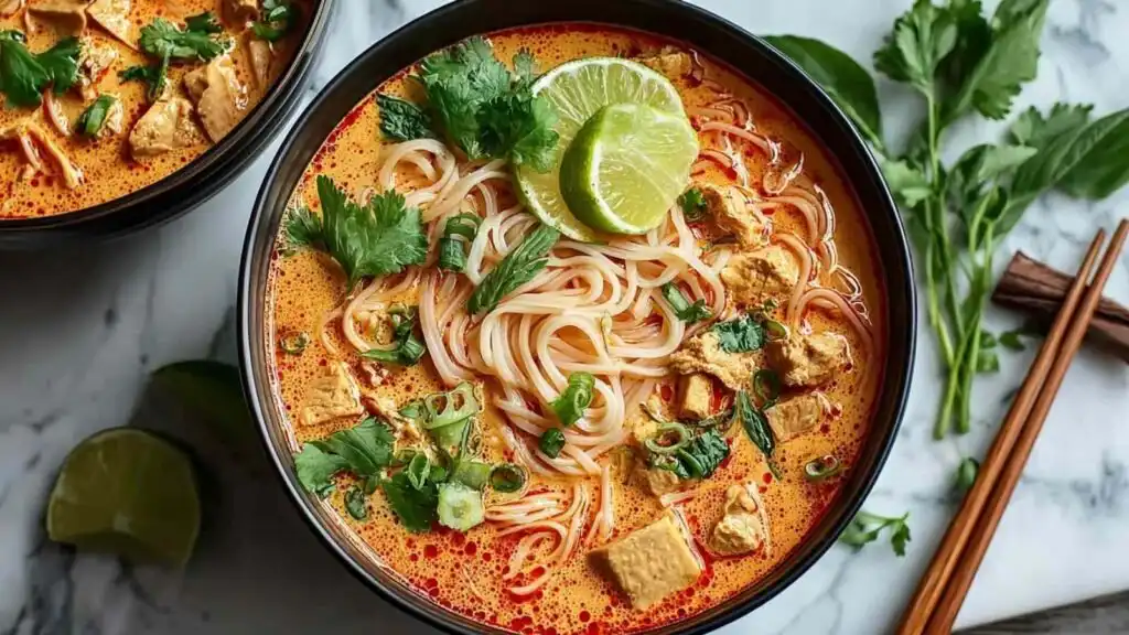 Thai Red Curry Noodle Soup 13 Overhead view of a bowl of Thai red curry noodle soup topped with fresh cilantro, basil, and a lime wedge