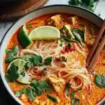 Thai Red Curry Noodle Soup 15 Overhead view of a bowl of Thai red curry noodle soup topped with fresh cilantro, basil, and a lime wedge