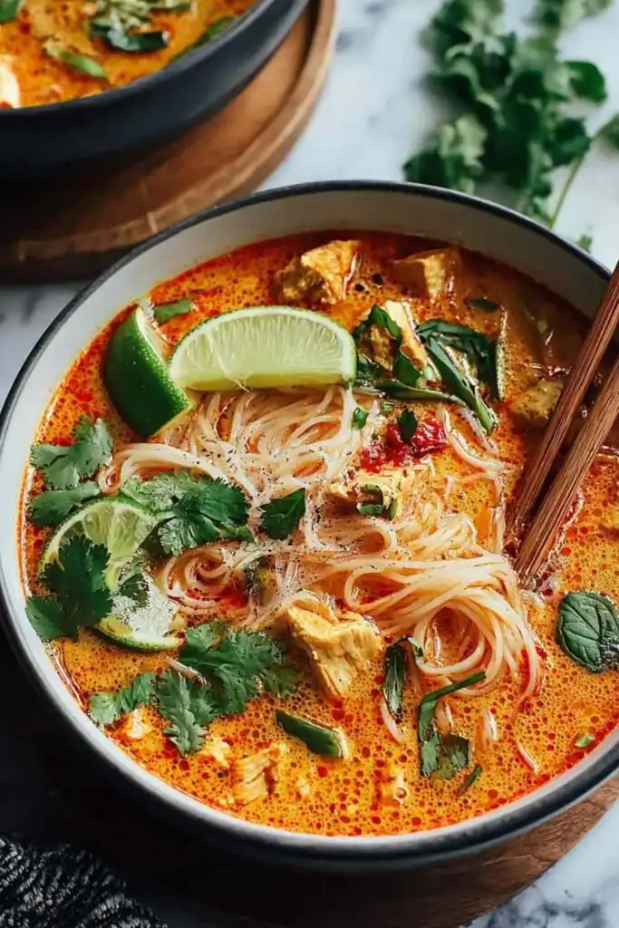 Thai Red Curry Noodle Soup 14 Overhead view of a bowl of Thai red curry noodle soup topped with fresh cilantro, basil, and a lime wedge