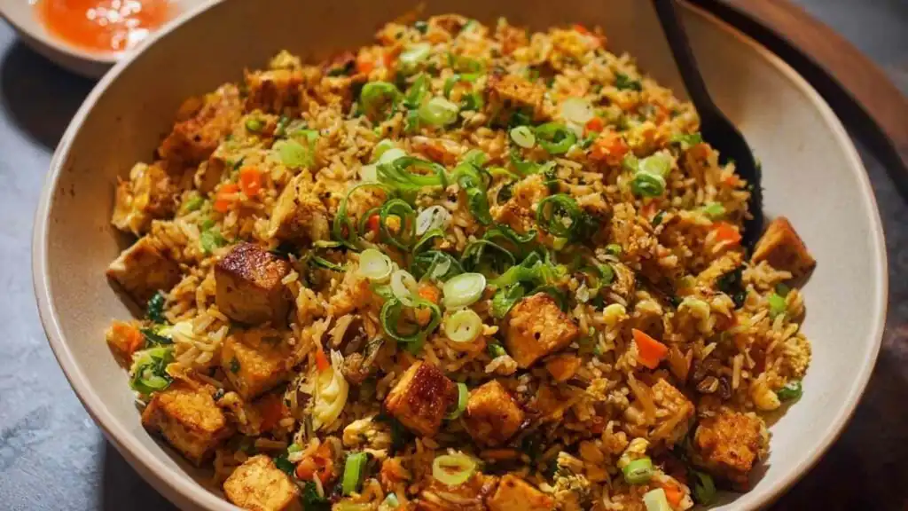 Tofu Fried Rice High Protein 7 High protein tofu fried rice with crispy golden tofu, peas, and carrots in a large wok