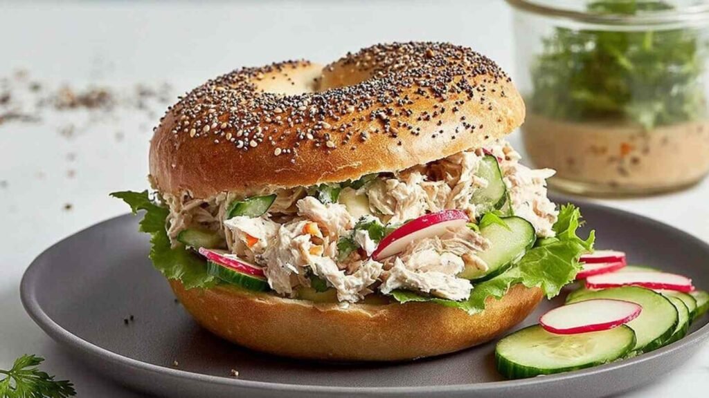 Tuna Everything Bagel 22 Close-up of a fully assembled tuna everything bagel with creamy herb tuna salad, red onion, tomato, cucumber, and Bibb lettuce on a toasted bagel with cream cheese