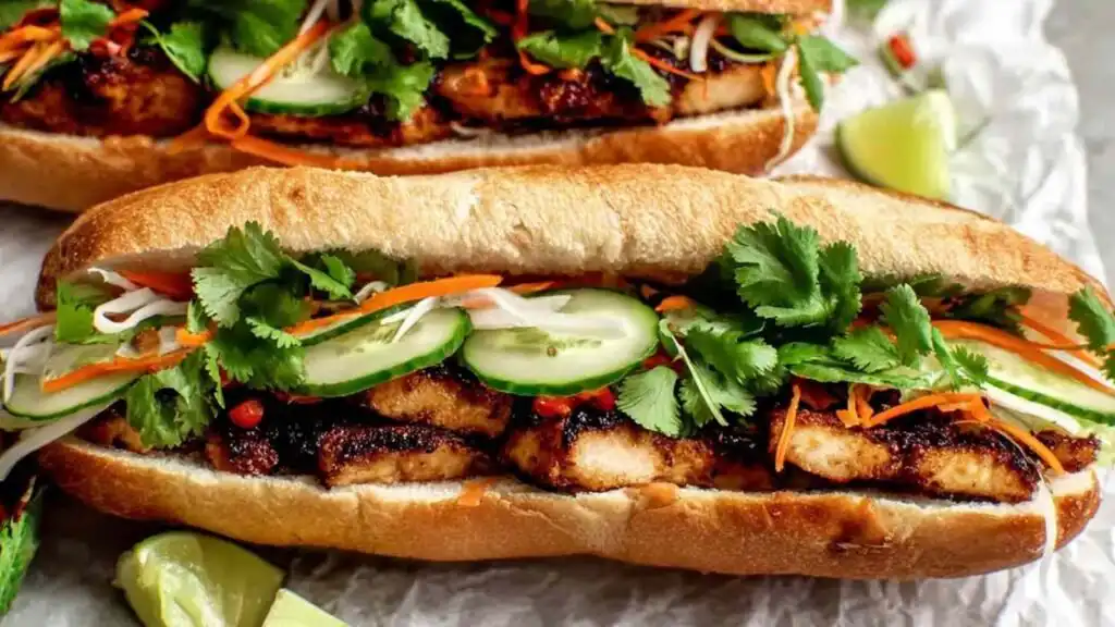 Vietnamese Chicken Banh Mi 16 Close-up of a Vietnamese Chicken Banh Mi on a wooden board with pickled carrots, fresh cilantro, jalapeno slices, and caramelized chicken on a toasted baguette