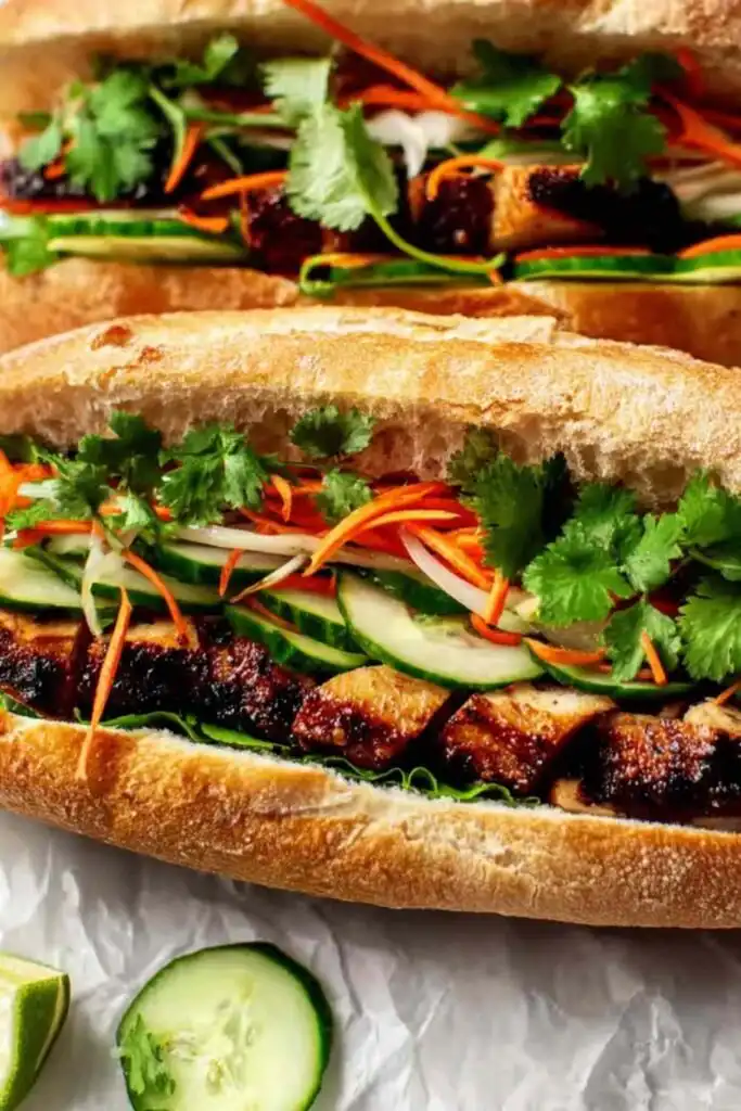 Vietnamese Chicken Banh Mi 17 Close-up of a Vietnamese Chicken Banh Mi on a wooden board with pickled carrots, fresh cilantro, jalapeno slices, and caramelized chicken on a toasted baguette