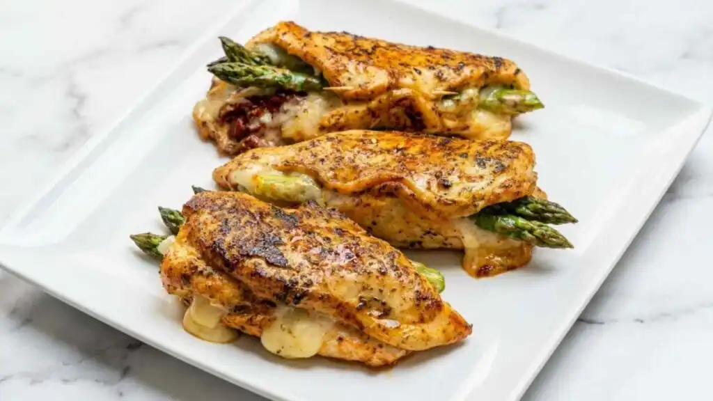 Asparagus Stuffed Chicken Breast 10 Golden seared asparagus stuffed chicken breast sliced open to reveal melty mozzarella and sun-dried tomatoes on a white plate