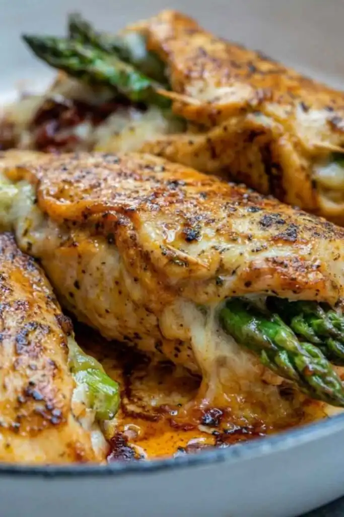 Asparagus Stuffed Chicken Breast 11 Golden seared asparagus stuffed chicken breast sliced open to reveal melty mozzarella and sun-dried tomatoes on a white plate