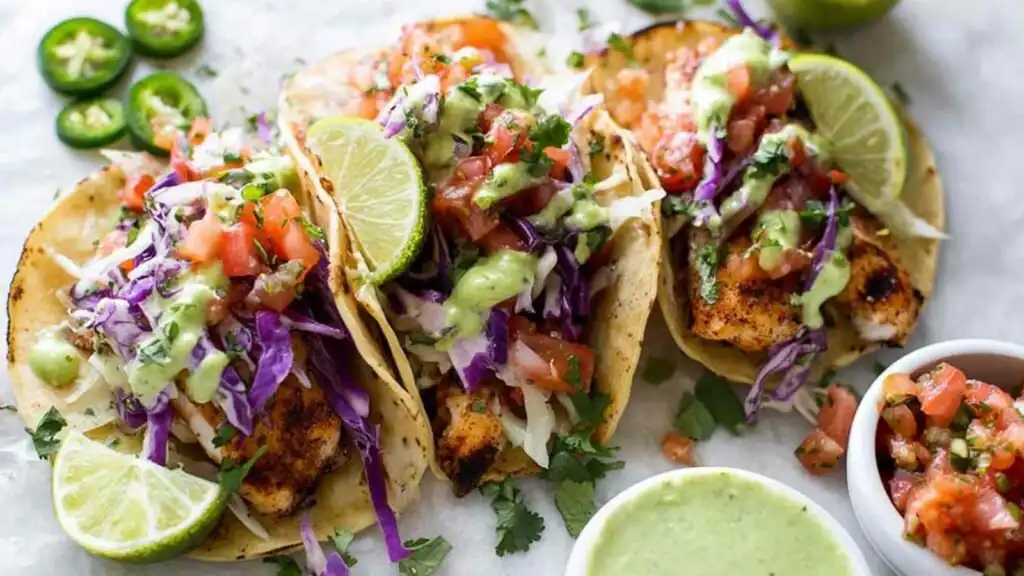 Baja Fish Tacos 7 Baja Fish Tacos with avocado crema, cilantro lime slaw, and pico de gallo on corn tortillas