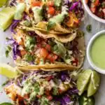 Baja Fish Tacos 9 Baja Fish Tacos with avocado crema, cilantro lime slaw, and pico de gallo on corn tortillas