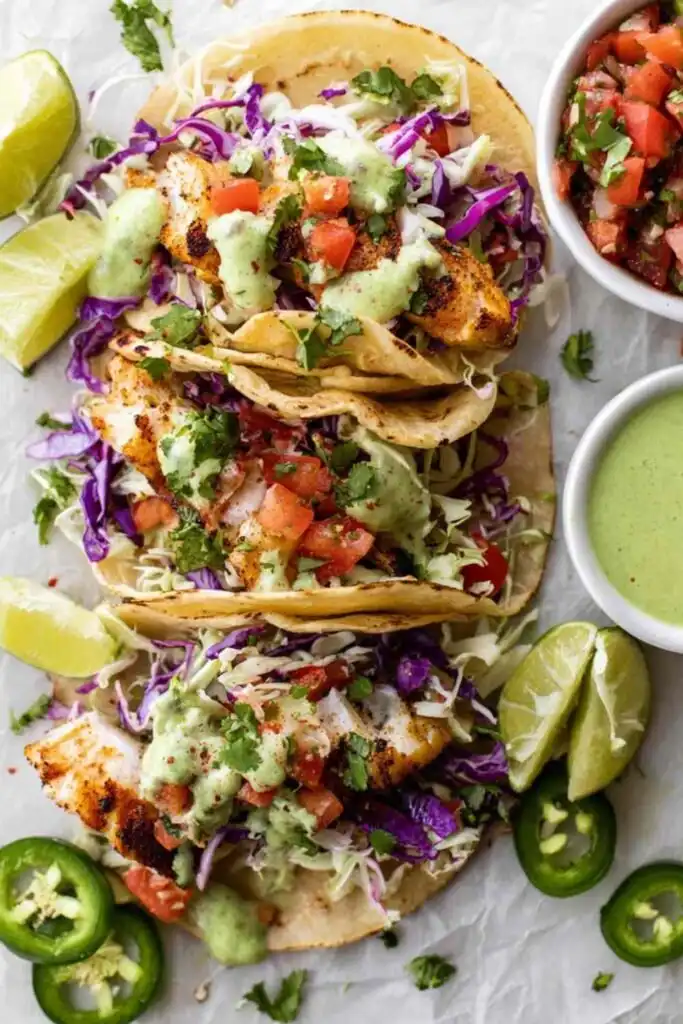 Baja Fish Tacos 8 Baja Fish Tacos with avocado crema, cilantro lime slaw, and pico de gallo on corn tortillas