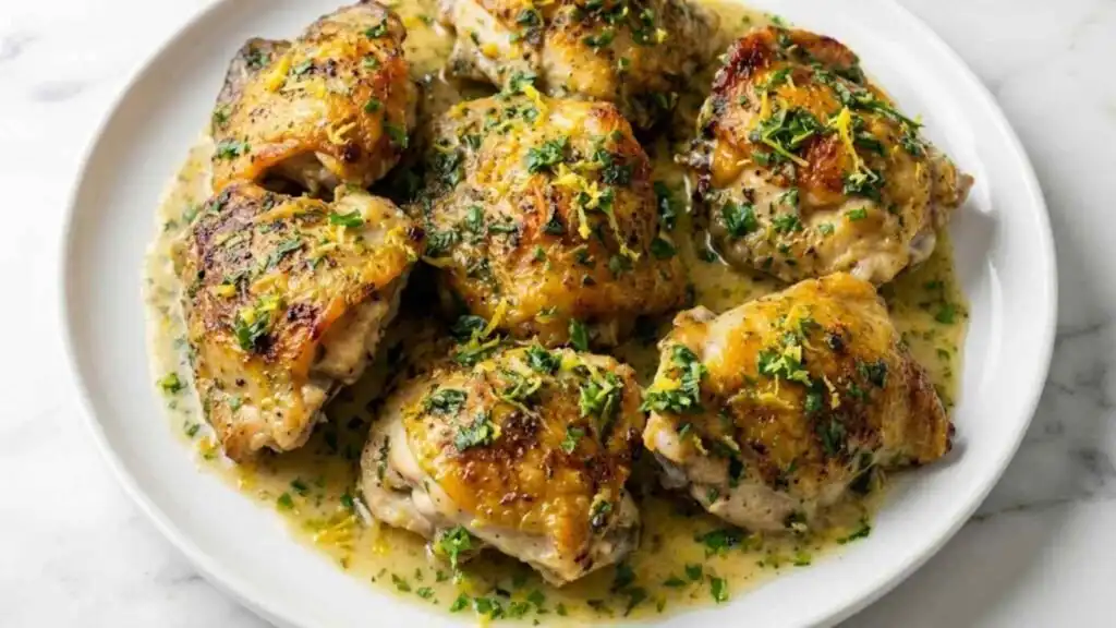 Baked Greek Yogurt Chicken in a 9x13 baking dish with golden caramelized edges and fresh parsley garnish