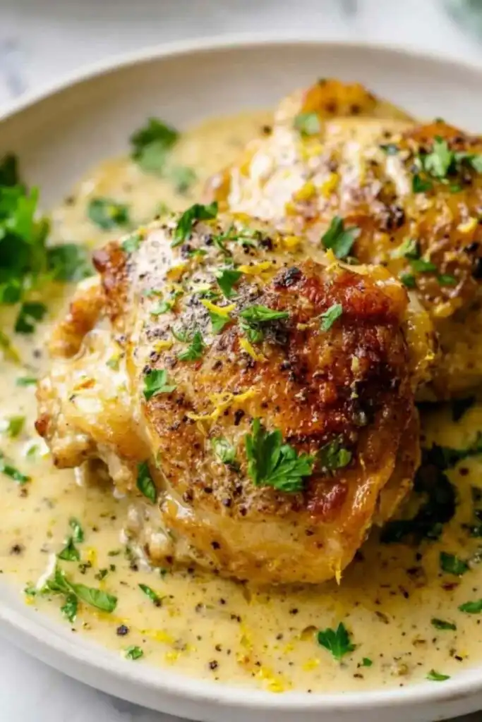 Baked Greek Yogurt Chicken in a 9x13 baking dish with golden caramelized edges and fresh parsley garnish