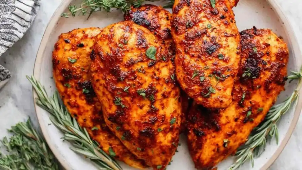 Sliced baked brown sugar chicken breast served over white rice with fresh herbs on a white plate