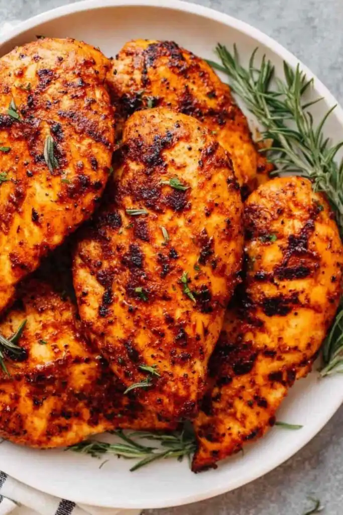 Sliced baked brown sugar chicken breast served over white rice with fresh herbs on a white plate