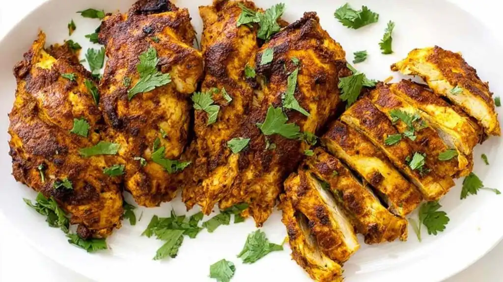 Sliced chicken shawarma on a white plate drizzled with creamy garlic sauce and topped with fresh parsley