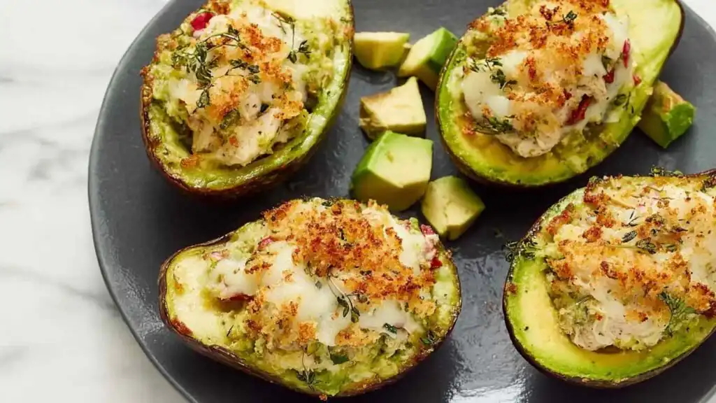 Golden chicken-stuffed baked avocados with melted Parmesan on a white ceramic plate