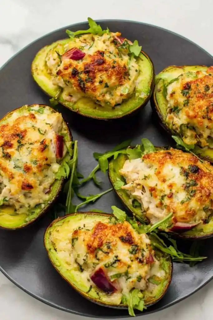 Golden chicken-stuffed baked avocados with melted Parmesan on a white ceramic plate