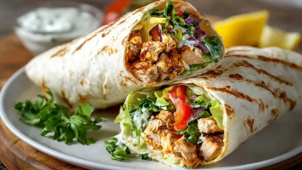 Chipotle Chicken Wraps 4 Chipotle chicken wraps sliced in half on a wooden board with chipotle lime yogurt sauce drizzled over the top