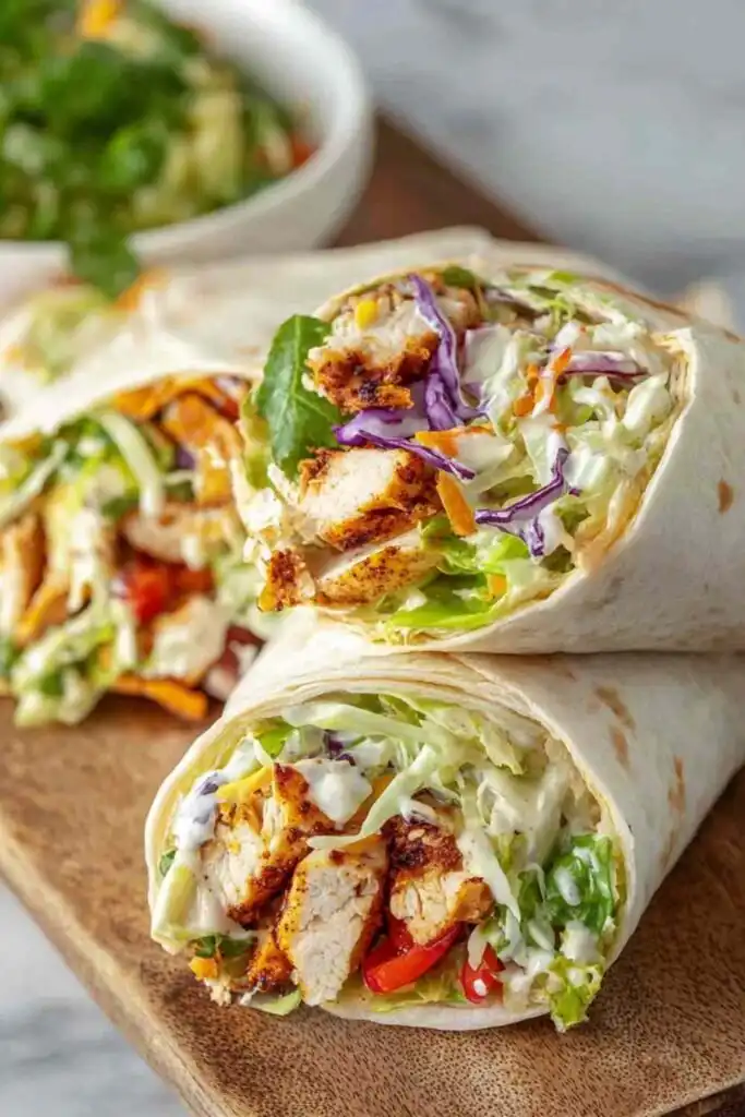Chipotle Chicken Wraps 5 Chipotle chicken wraps sliced in half on a wooden board with chipotle lime yogurt sauce drizzled over the top