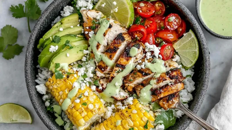 Cilantro Lime Chicken and Rice Bowls with Spicy Green Goddess Dressing