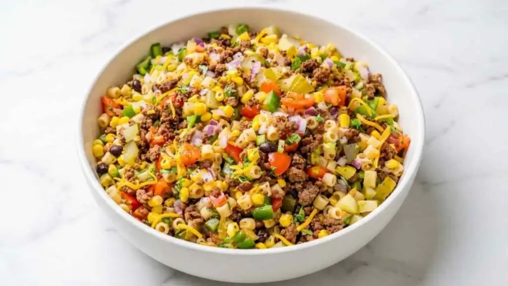 Cowboy Pasta Salad 7 Large bowl of cowboy pasta salad with seasoned ground beef, black beans, cherry tomatoes, cheddar cheese, and fresh cilantro