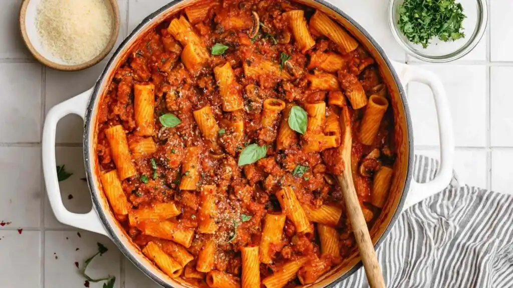 Creamy One Pot Ground Turkey Pasta with Veggies 16 Creamy one pot ground turkey pasta with veggies in a braiser pan topped with fresh basil and chili flakes