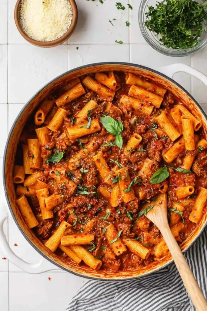 Creamy One Pot Ground Turkey Pasta with Veggies 17 Creamy one pot ground turkey pasta with veggies in a braiser pan topped with fresh basil and chili flakes
