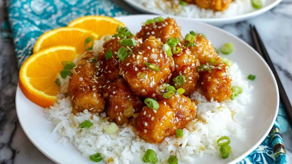 Copycat Panda Express Orange Chicken recipe served over white rice with sesame seeds and green onions in a bowl