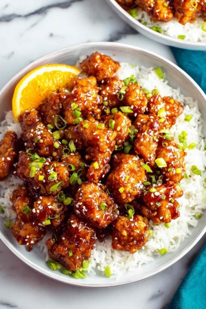 Copycat Panda Express Orange Chicken recipe served over white rice with sesame seeds and green onions in a bowl