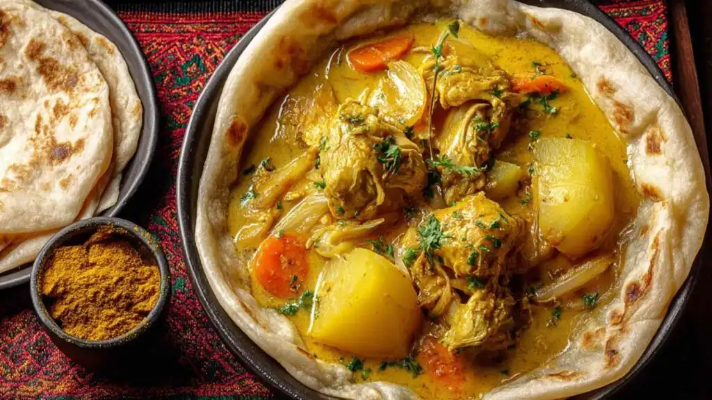 Curry chicken roti served on a plate with shredded coconut curry chicken wrapped in warm flatbread and garnished with fresh cilantro