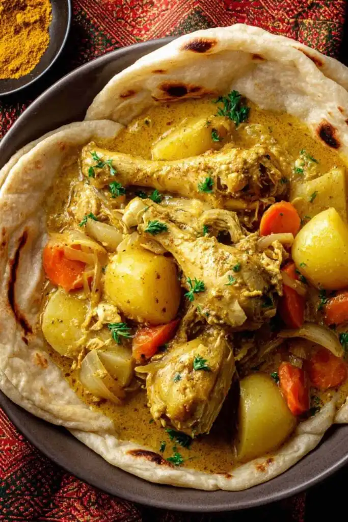 Curry chicken roti served on a plate with shredded coconut curry chicken wrapped in warm flatbread and garnished with fresh cilantro