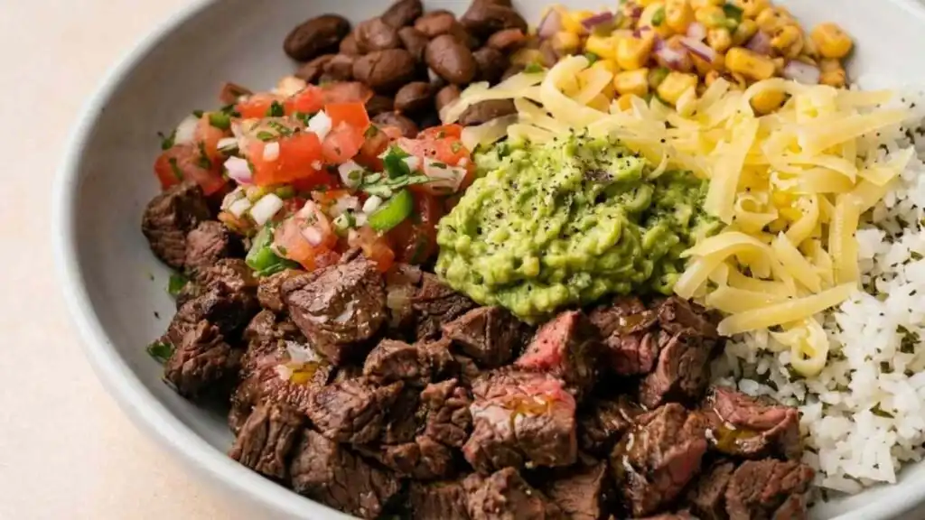 Overhead view of a DIY Chipotle steak bowl with grilled adobo steak, pico de gallo, corn salsa, guacamole, and Monterey Jack cheese over cilantro lime rice