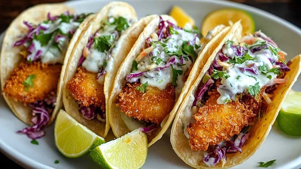 Crispy Baja Fish Tacos 7 Three crispy Baja fish tacos on a wooden board with cabbage slaw, jalapeño lime sauce, and lime wedges
