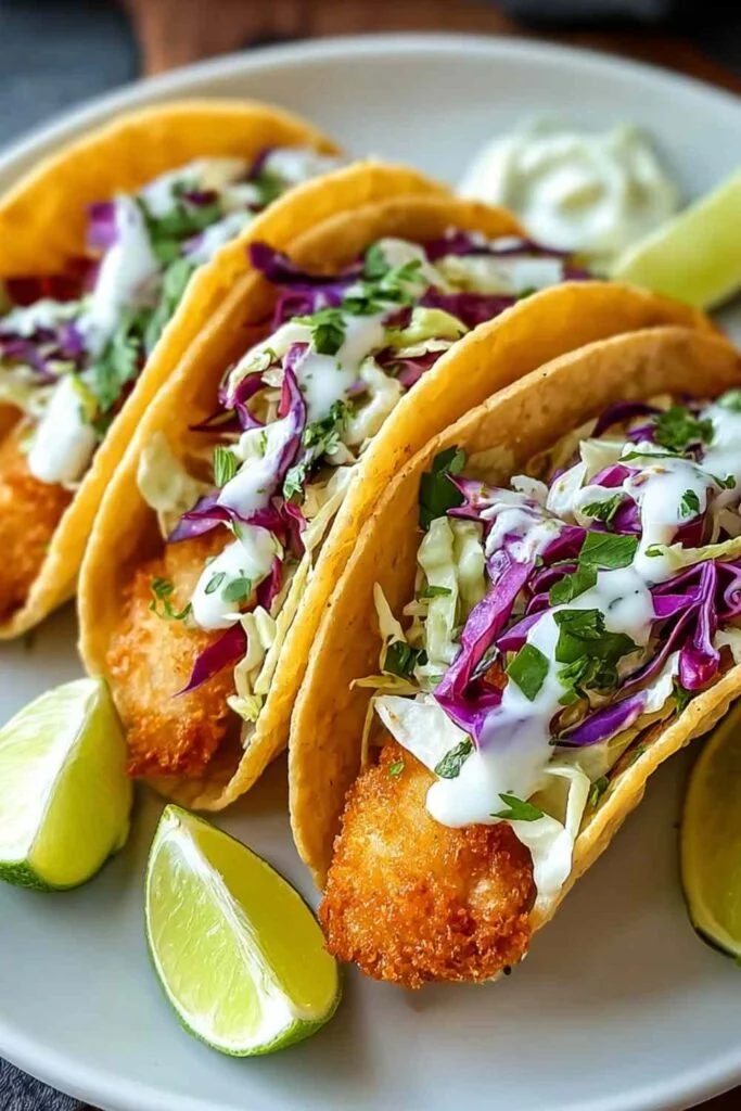 Crispy Baja Fish Tacos 8 Three crispy Baja fish tacos on a wooden board with cabbage slaw, jalapeño lime sauce, and lime wedges