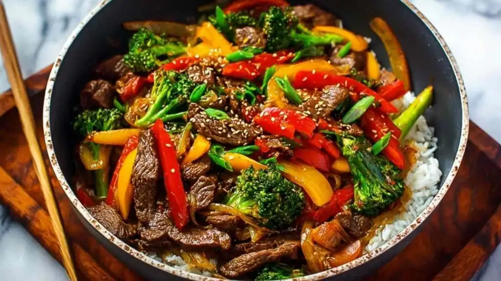 Easy Beef Stir Fry 4 Easy beef stir fry recipe with tender sirloin, broccoli, red pepper, and baby corn served over steamed white rice, garnished with sesame seeds